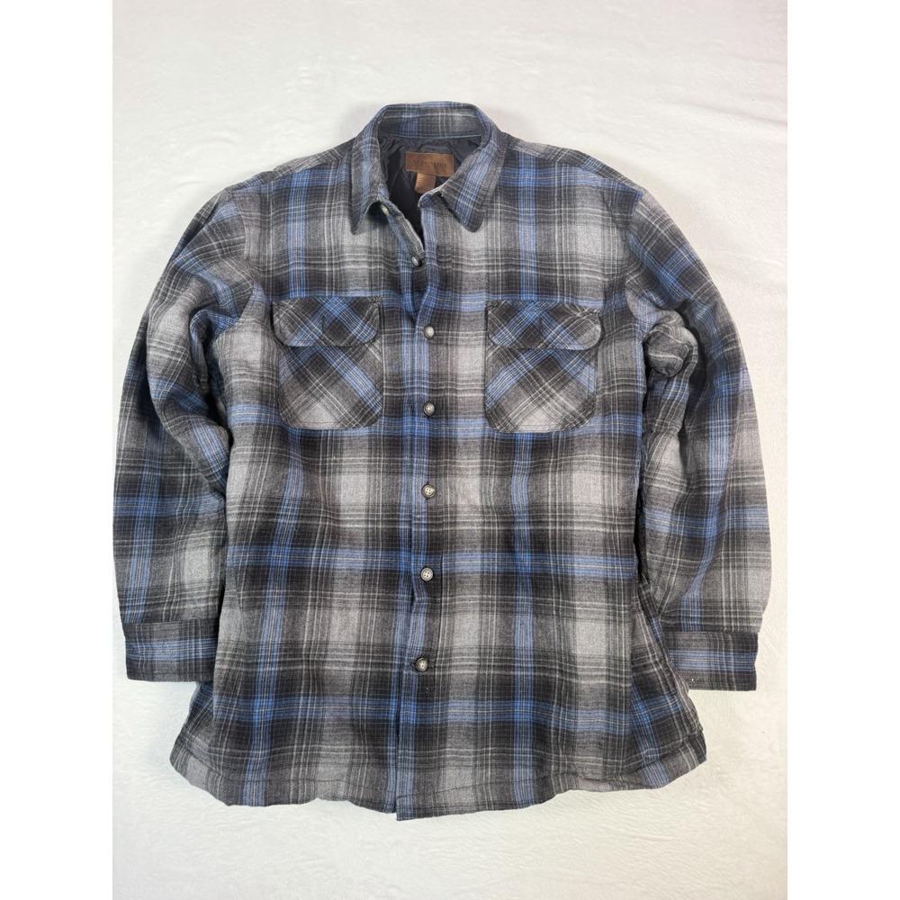 St. John's Bay Quilted Lined Flannel Shirt Jacket Blue Gray Plaid Size L